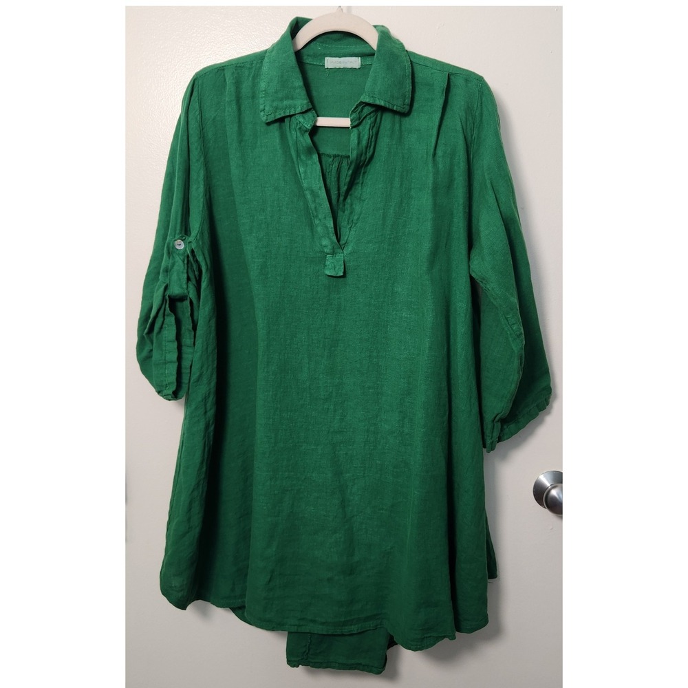 Made in Italy Green Womens 100% Linen Tunic V-Neck Collar 3/4 Roll Tab Sleeves M